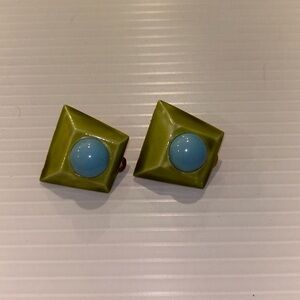 Vintage Har Geometric Clip Earrings (1955) Green/Blue Signed‎